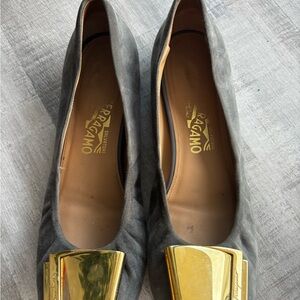 Salvatore Ferragamo Gray Flats with Gold Detail